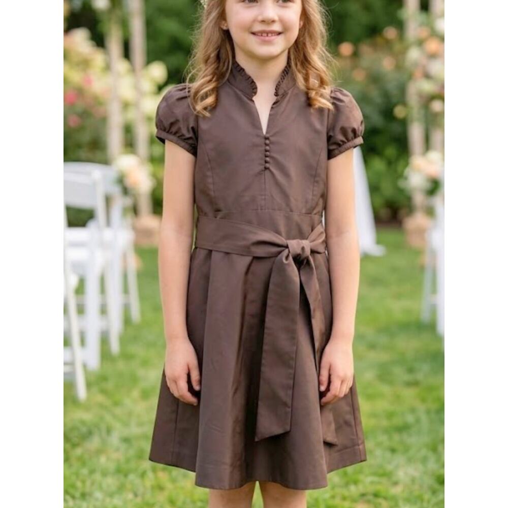 CREWCUTS by J.CREW Brown Silk Puff Sleeve Dress Sz 10 | Ruffle Collar Tie Waist